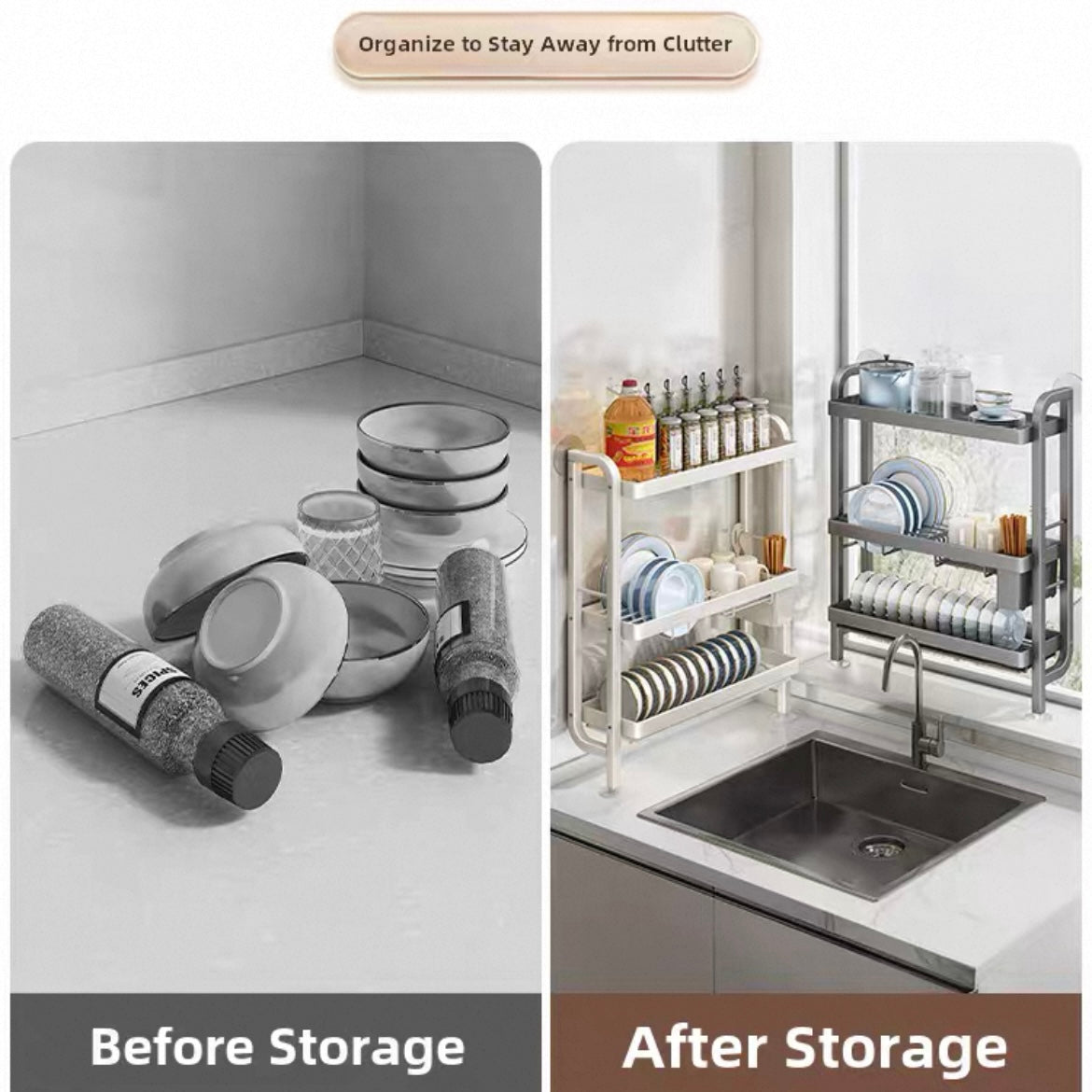 No-Drill Wall-Mounted Kitchen Sink Organizer Rack – Dish Drainer, Bowl & Plate Storage for US Homes