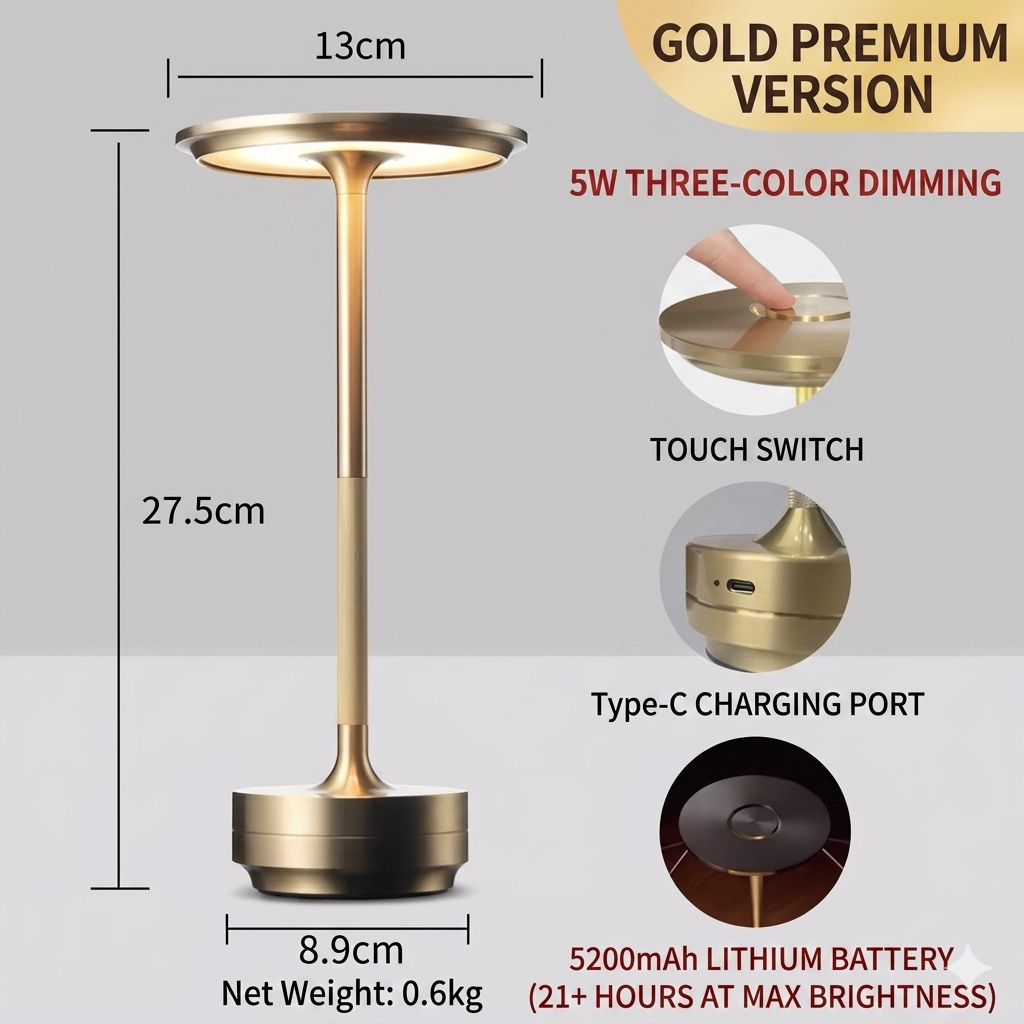 Modern Cordless LED Table Lamp for Cafe, Bar & Outdoor Use