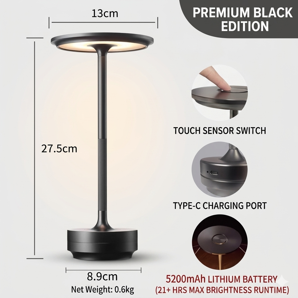 Modern Cordless LED Table Lamp for Cafe, Bar & Outdoor Use