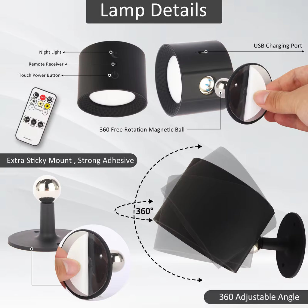 Magnetic Rechargeable LED Wall Lamp with Remote & 360° Rotation